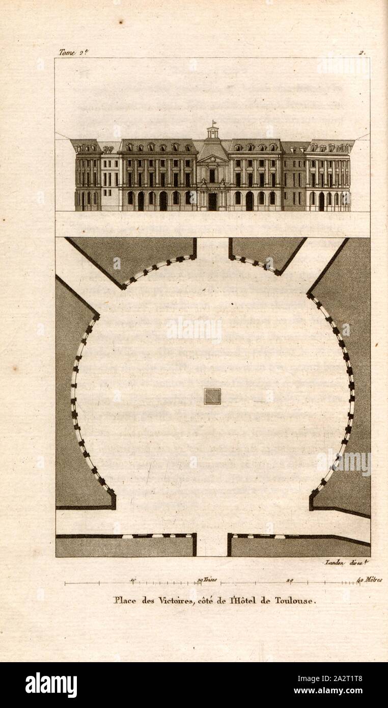 Place des Victoires, neben dem Hotel de Toulouse, Plan, zum Place des Victoires und Fassade Hôtel de Toulouse, Paris, 2, nach S. 10, S. 18, Landon (Direxit), J. G. Legrand; c. S. Landon: Beschreibung de Paris et de ses édifices: avec un nun historique et des Bemerkungen sur le caractère de leur Architektur, et sur les principaux Objets d'Art et de curiosité qu'ils renferment. Seconde édition", corrigée avec Soin dans toutes ses Parteien, et augmentée considérablement. Bd. 1, Bl. 2. Paris. Straßburg. Treuttel et Würtz, 1818 Stockfoto