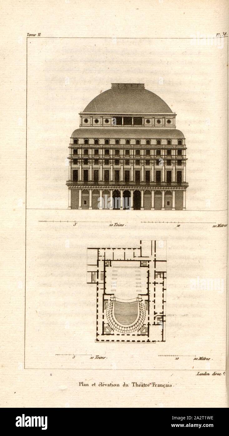 Plan und Höhe des Théâtre Français, Fassade und Grundriss Comédie-Française in Paris, PL. 38, S. 140, S. 219, Landon (Direxit), J. G. Legrand; c. S. Landon: Beschreibung de Paris et de ses édifices: avec un nun historique et des Bemerkungen sur le caractère de leur Architektur, et sur les principaux Objets d'Art et de curiosité qu'ils renferment. Seconde édition", corrigée avec Soin dans toutes ses Parteien, et augmentée considérablement. Bd. 1, Bl. 2. Paris. Straßburg. Treuttel et Würtz, 1818 Stockfoto