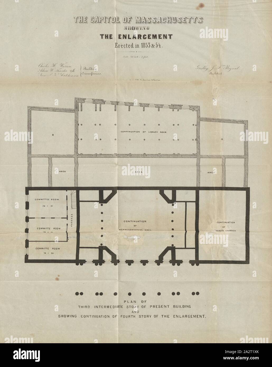 Die Hauptstadt von Massachusetts, die die Erweiterung Errichtet 1853, Grundriss der dritten Etage und die Fortsetzung der 4. Etage des Massachusetts State House in Boston unterzeichnet: Gridley J. F. Bryant; J.H. Bufford's Lith, Abb. 17, S. 23, Bryant, Gridley J. F. (Del.); Bufford, John Henry (sc.), 1854, Bericht der Kommission für die Erweiterung des State House. [Boston]: [s. n.], [1854 Stockfoto