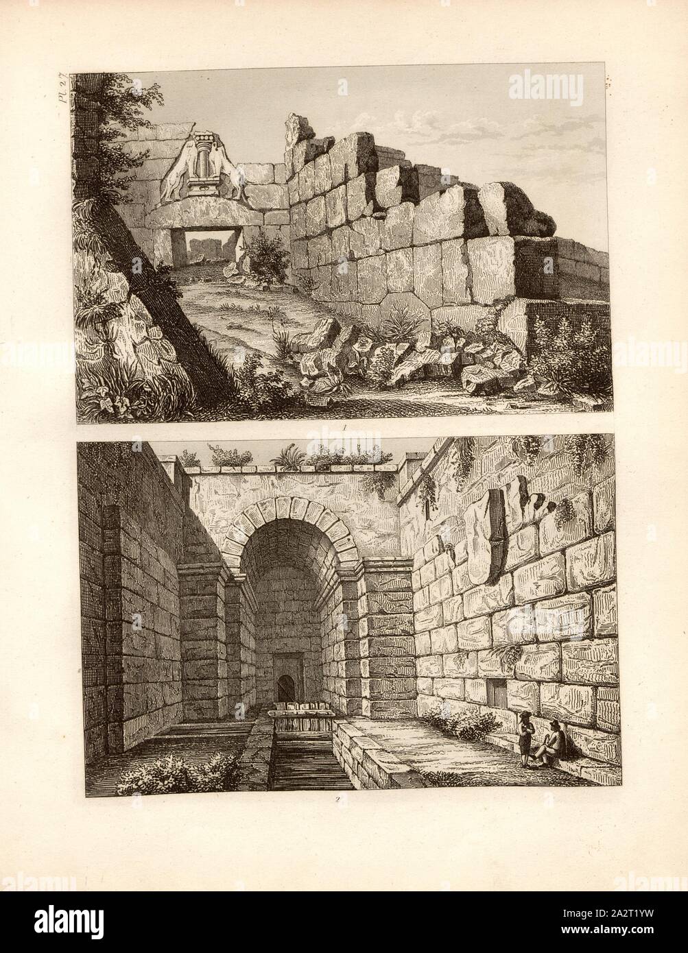 Das Löwen-tor zu Mycenä und Albander Emissair der See, Abb. 1: Löwentor in Mykene, Abb. 2: antike Entleerung und Graben an der Albaner finden Sie in der Nähe von Castel Gandolfo, PL. 27, Nach S. 124, fol. 27 r, Carl August Menzel: Sterben Kunstwerken von dem alterthum bis in die Gegenwart [...] oder Wegweiser durch das ganze Gebiet der bildenden Kunst [...]. Bd. 1, Bl. 1. Leipzig: J.A.Romberg's Verlag, [18. Stockfoto