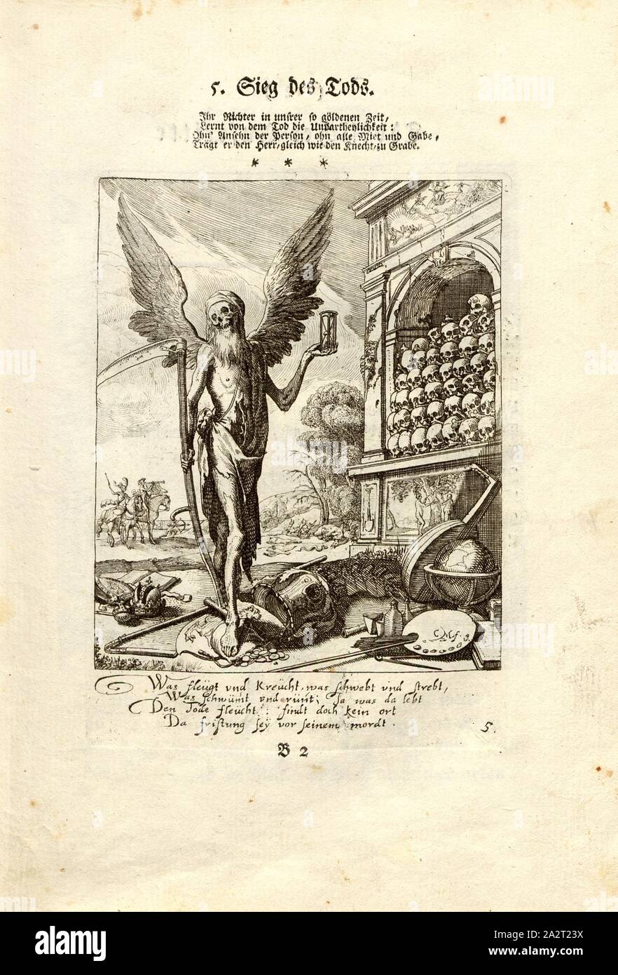5. Sieg der Tod, Tod, unterzeichnet: C.M.f, Taf. 5, S. 10, Meyer, Conrad (FEC), Rudolf Meyer, Conrad Meyer: Die menschliche Sterblichkeit unter dem Titel Todten-Tanz [...]. Hamburg; Leipzig: [s. n.]. 1759 Stockfoto