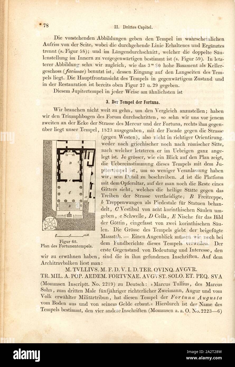 Karte Fortunatempels, Grundriss Tempel der Fortuna in Pompeji, Abb. 60, S. 78, 1856, Johannes Overbeck: Pompeji in-Gebäuden, Kunstwerken und Alterthümern [...]. Leipzig: Verlag von Wilhelm Engelmann, 1856 Stockfoto