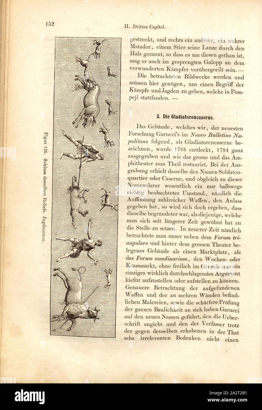 Jagdszenen, Jagdszenen auf einem Grab Relief, Abb. 126, S. 152, 1856, Johannes Overbeck: Pompeji in-Gebäuden, Kunstwerken und Alterthümern [...]. Leipzig: Verlag von Wilhelm Engelmann, 1856 Stockfoto