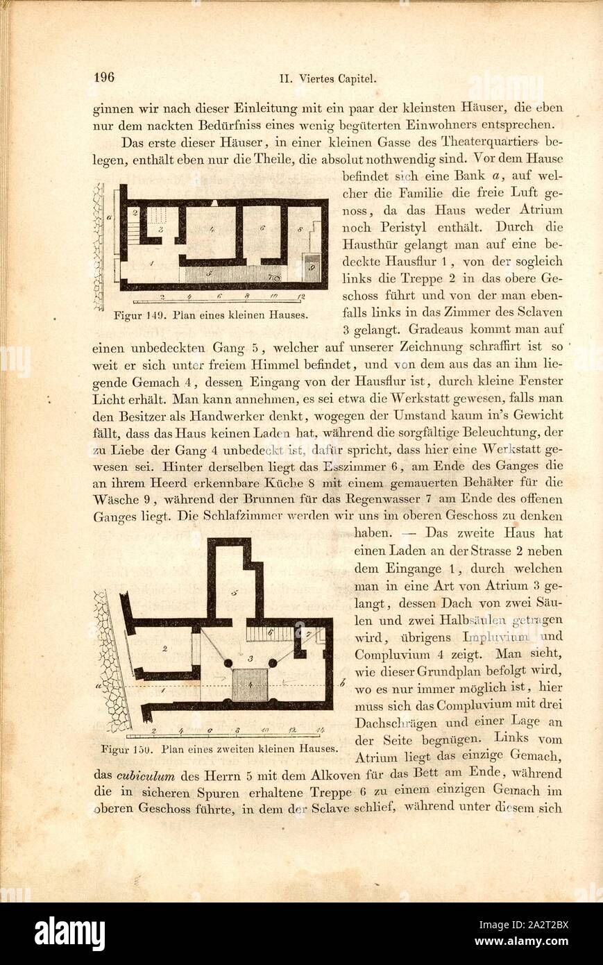 Plan von zwei kleine Häuser, Abb. 149, Plan, ein Haus in einer Gasse des Theater Viertel in Pompeji, Abb. 150, Plan, ein Haus mit einem Store auf der Straße, S. 196, 1856, Johannes Overbeck: Pompeji in-Gebäuden, Kunstwerken und Alterthümern [...]. Leipzig: Verlag von Wilhelm Engelmann, 1856 Stockfoto