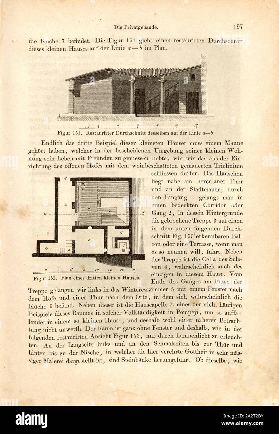 Durchschnittliche und Planen eines Hauses in Pompeji, Abb. wiederhergestellt. 151, Durchschnitt eines kleinen Hauses in Pompeji, Abb. 152, Plan ein kleines Haus in der Nähe der Herculaner Tor, S. 197, 1856, Johannes Overbeck: Pompeji in-Gebäuden, Kunstwerken und Alterthümern [...]. Leipzig: Verlag von Wilhelm Engelmann, 1856 Stockfoto