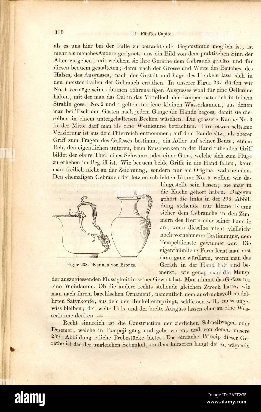 Krüge aus Bronze, Bronze Krüge, Abb. 238, S. 316, 1856, Johannes Overbeck: Pompeji in-Gebäuden, Kunstwerken und Alterthümern [...]. Leipzig: Verlag von Wilhelm Engelmann, 1856 Stockfoto