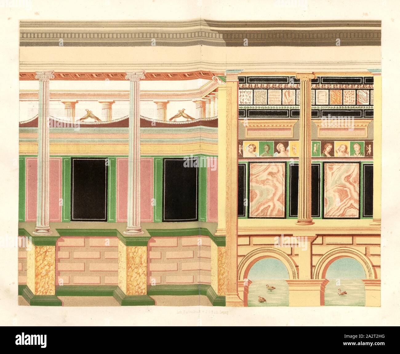 Malerei in Pompeji, Beispiel der pompejanischen Wandmalerei, nach S. 384, S. 432, 1856, Johannes Overbeck: Pompeji in-Gebäuden, Kunstwerken und Alterthümern [...]. Leipzig: Verlag von Wilhelm Engelmann, 1856 Stockfoto