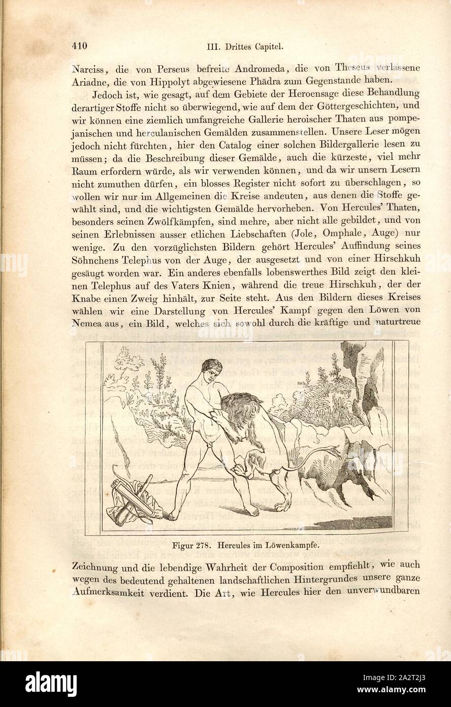 Herkules im Löwen kämpfen, Herkules im Kampf gegen die Löwen von Nemea, Abb. 278, S. 410, 1856, Johannes Overbeck: Pompeji in-Gebäuden, Kunstwerken und Alterthümern [...]. Leipzig: Verlag von Wilhelm Engelmann, 1856 Stockfoto