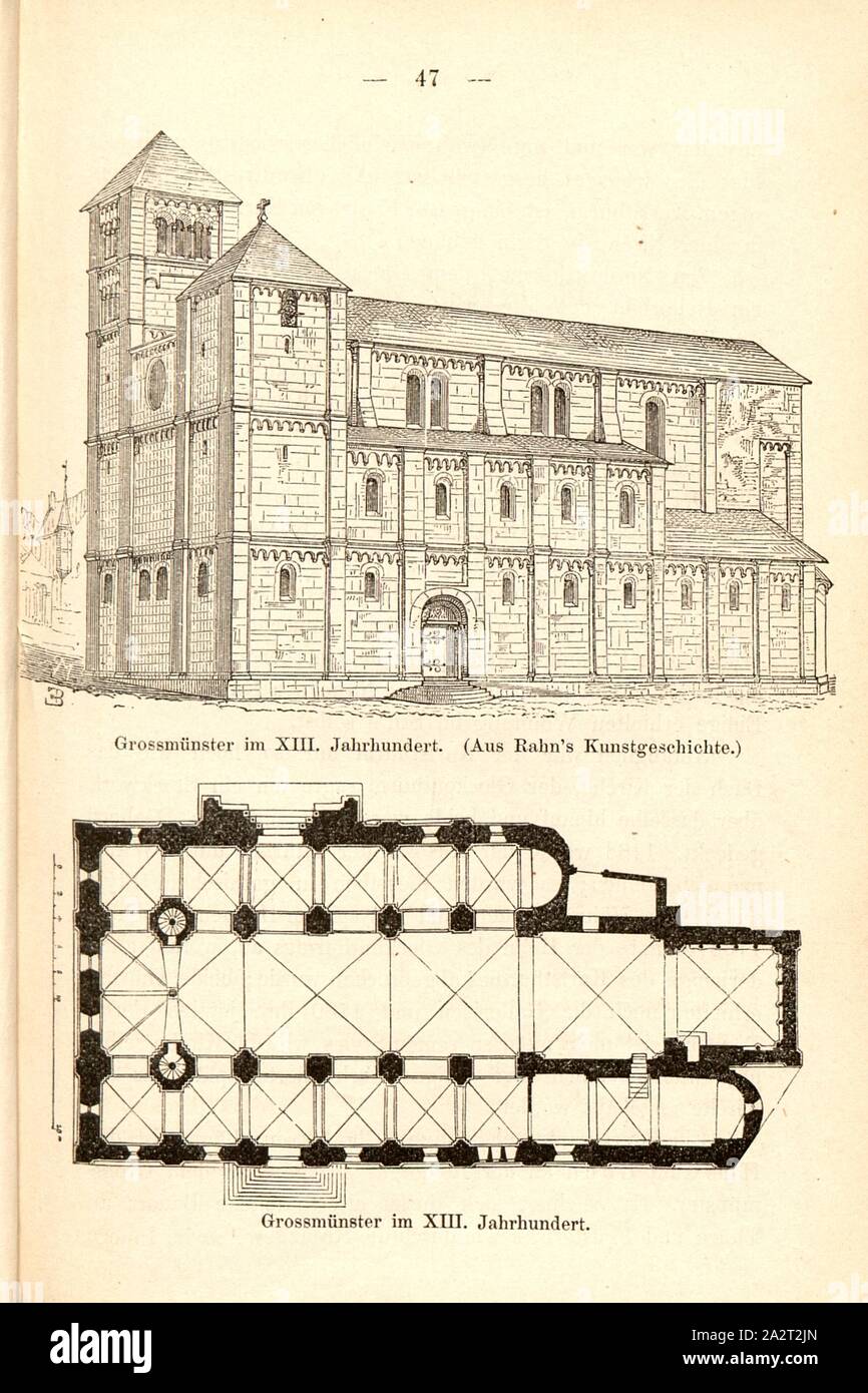 Grossmünster in der XIII. Jahrhunderts. Von Rahn der Kunstgeschichte, Ansicht und Grundriss des Grossmünsters im 13. Jahrhundert, S. 47, Schweizerischer Ingenieur- und Architekten-Verein: Von Zürich Veranstaltungen und Sehenswürdigkeiten. Beschreibung der Stadt (...). Zürich: Orell Füssli & Co., 1877 Stockfoto