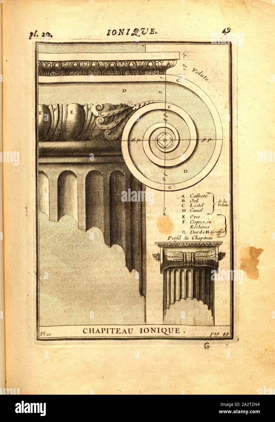 Ionic Kapital, Ionische Kapital, PL. 20, S. 49, 1720, Augustin-Charles d'Aviler: Cours d'Architecture: qui Seife les ordres de Vignole, avec Les Commentaires, les Abbildungen & Beschreibungen de ses Plus beaux bâtimens, & de ceux de Saint-Cloud, Plusieurs nouveaux desseins, ornemens & préceptes, Contenant la Distribution, La décoration, la Matière & la Bau des édifices, La maçonnerie, La Charpenterie, la Couverture, La serrurerie, La Menuiserie Le Jardinage & tout ce qui regarde l'art de bâtir: avec une reichlich Explikation par ordre alphabetique de tous les Termes. Ein Paris: Chez Jean Stockfoto