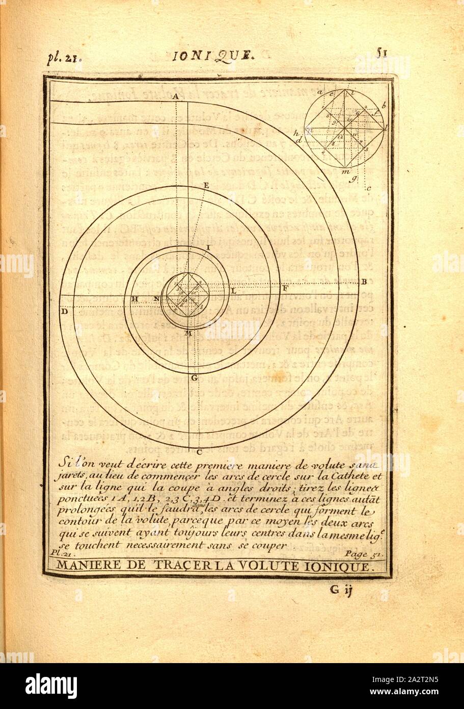 Wie die Ionischen Spiralgehäuse zeichnen, Bau einer ionischen Spirale, PL. 21, S. 51, 1720, Augustin-Charles d'Aviler: Cours d'Architecture: qui Seife les ordres de Vignole, avec Les Commentaires, les Abbildungen & Beschreibungen de ses Plus beaux bâtimens, & de ceux de Saint-Cloud, Plusieurs nouveaux desseins, ornemens & préceptes, Contenant la Distribution, La décoration, la Matière & la Bau des édifices, La maçonnerie, La Charpenterie, la Couverture, La serrurerie, La Menuiserie Le Jardinage & tout ce qui regarde l'art de bâtir: avec une reichlich Explikation par ordre alphabetique de tous les Stockfoto