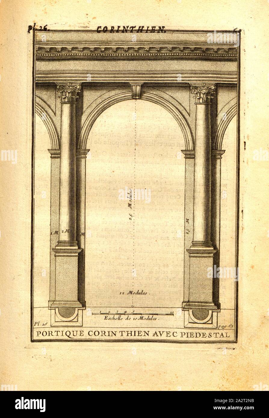 Korinthischen Säulengang mit Standfuß, korinthische Säulen mit Standfuß, PL. 26, S. 63, 1720, Augustin-Charles d'Aviler: Cours d'Architecture: qui Seife les ordres de Vignole, avec Les Commentaires, les Abbildungen & Beschreibungen de ses Plus beaux bâtimens, & de ceux de Saint-Cloud, Plusieurs nouveaux desseins, ornemens & préceptes, Contenant la Distribution, La décoration, la Matière & la Bau des édifices, La maçonnerie, La Charpenterie, la Couverture, La serrurerie, La Menuiserie Le Jardinage & tout ce qui regarde l'art de bâtir: avec une reichlich Explikation par ordre de tous alphabetique Stockfoto