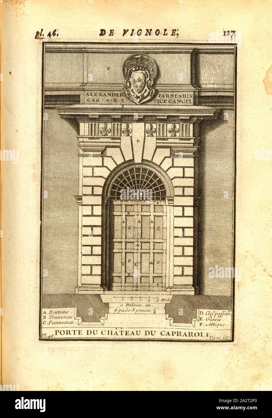 Caprarola Burg Tor, Tor der Villa Farnese in Rom, PL. 46, S. 127, 1720, Augustin-Charles d'Aviler: Cours d'Architecture: qui Seife les ordres de Vignole, avec Les Commentaires, les Abbildungen & Beschreibungen de ses Plus beaux bâtimens, & de ceux de Saint-Cloud, Plusieurs nouveaux desseins, ornemens & préceptes, Contenant la Distribution, La décoration, la Matière & la Bau des édifices, La maçonnerie, La Charpenterie, la Couverture, La serrurerie, La Menuiserie Le Jardinage & tout ce qui regarde l'art de bâtir: avec une reichlich Explikation par ordre alphabetique de tous les Stockfoto Caprarola Burg Tor, Tor der Villa Farnese in Rom, PL. 46, S. 127, 1720, Augustin-Charles d'Aviler: Cours d'Architecture: qui Seife les ordres de Vignole, avec Les Commentaires, les Abbildungen & Beschreibungen de ses Plus beaux bâtimens, & de ceux de Saint-Cloud, Plusieurs nouveaux desseins, ornemens & préceptes, Contenant la Distribution, La décoration, la Matière & la Bau des édifices, La maçonnerie, La Charpenterie, la Couverture, La serrurerie, La Menuiserie Le Jardinage & tout ce qui regarde l'art de bâtir: avec une reichlich Explikation par ordre alphabetique de tous les Stockfoto