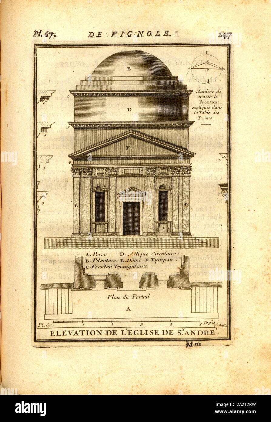 Erhöhung von St. Andrew's Church, Höhe der Kirche von Sant Andrea in der Via Flaminia in Rom, PL. 67, S. 247, 1720, Augustin-Charles d'Aviler: Cours d'Architecture: qui Seife les ordres de Vignole, avec Les Commentaires, les Abbildungen & Beschreibungen de ses Plus beaux bâtimens, & de ceux de Saint-Cloud, Plusieurs nouveaux desseins, ornemens & préceptes, Contenant la Distribution, La décoration, la Matière & la Bau des édifices, La maçonnerie, La Charpenterie, la Couverture, La serrurerie, La Menuiserie Le Jardinage & tout ce qui regarde l'art de bâtir: avec une reichlich Explikation Stockfoto