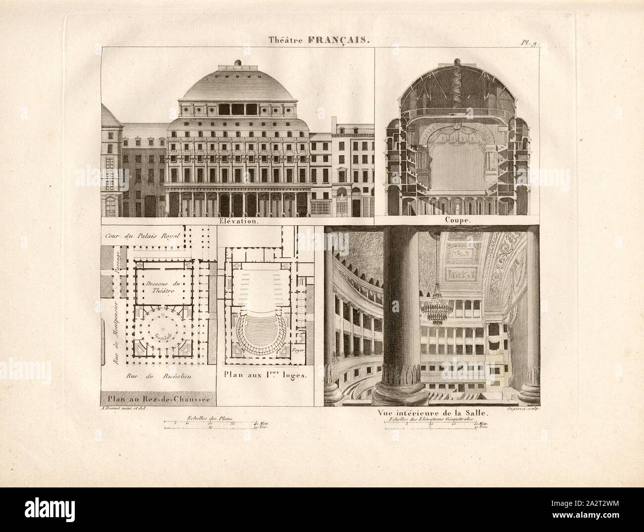 Französische Theater, Théâtre-Français in Paris unterzeichnet: A. Donnet mens., et del, Orgiazzi sculp, Abb. 9, PL. 9, S. 17, Donnet, Alexis (mens. et Del.); Orgiazzi, Alexis (sc.), Alexis donnet, Orgiazzi, Jacques-Auguste Kaufmann: Architectonographie des Théâtres, ou parallèle historique et Kritik, considérés édifices de ces sous le rapport de l'architecture et de la décoration. Paris: L. Mathias (Augustin), MDCCCXXXVII [1837 Stockfoto