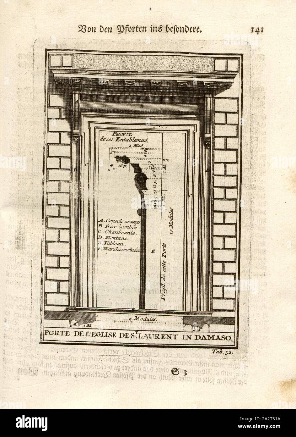 Von den Toren insbesondere 3, Eingangstür der Kirche St. Laurent/St. Lorenzo in Damaso, Tab. 52, S. 141, Sturm, Leonhard Christian, 1725, Giacomo Barozzi da Vignola: Ausführliche Anleitung zu der gantzen Civil-Bau-Kunst: worinnen nebst denen Lebens-Beschreibungen, und den Fünff Ordnungen von J. Bar.de Vignola wie auch dessen und des berühmten Mich Angelo vornehmsten Gebäuden, alles, war in der Baukunst, dem Bauzeuge der Austheilung und der Verzierung /, so wohl bey der Bildhauer, Mahler, Steinmetze, Maurer und Zimmerleute, als Dach-Decker, Schlösser, Tischer, Gärtner Stockfoto