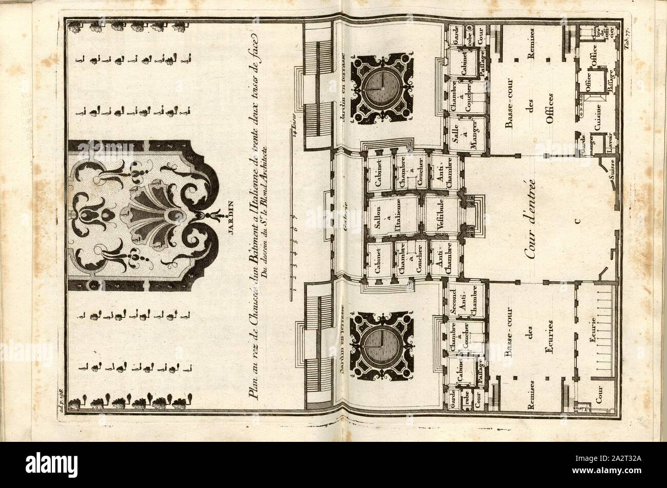 Grundriss eines italienischen Wohnhaus, Grundriss eines italienischen Wohngebäude nach dem Architekten Le Blond von Paris, Tab. 77, Nach S. 198, Sturm, Leonhard Christian, 1725, Giacomo Barozzi da Vignola: Ausführliche Anleitung zu der gantzen Civil-Bau-Kunst: worinnen nebst denen Lebens-Beschreibungen, und den Fünff Ordnungen von J. Bar.de Vignola wie auch dessen und des berühmten Mich Angelo vornehmsten Gebäuden, alles, war in der Baukunst, dem Bauzeuge der Austheilung und der Verzierung /, so wohl bey der Bildhauer, Mahler, Steinmetze, Maurer und Zimmerleute, als Dach-Decker Stockfoto