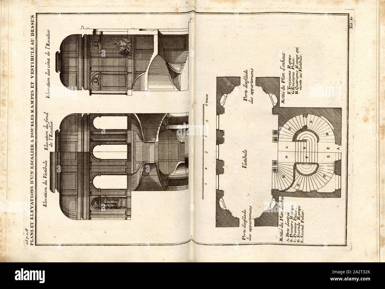 Pläne und Erhebungen in eine Treppe mit zwei Rampen und Vestibül vor, Planen und Erhöhung von zwei - Flug interne Treppe führt vom Eingangsbereich zum Vestibül im ersten Stock, Tab. 87, Nach S. 206, Sturm, Leonhard Christian, 1725, Giacomo Barozzi da Vignola: Ausführliche Anleitung zu der gantzen Civil-Bau-Kunst: worinnen nebst denen Lebens-Beschreibungen, und den Fünff Ordnungen von J. Bar.de Vignola wie auch dessen und des berühmten Mich Angelo vornehmsten Gebäuden, alles, war in der Baukunst, dem Bauzeuge der Austheilung und der Verzierung /, so wohl bey der Stockfoto