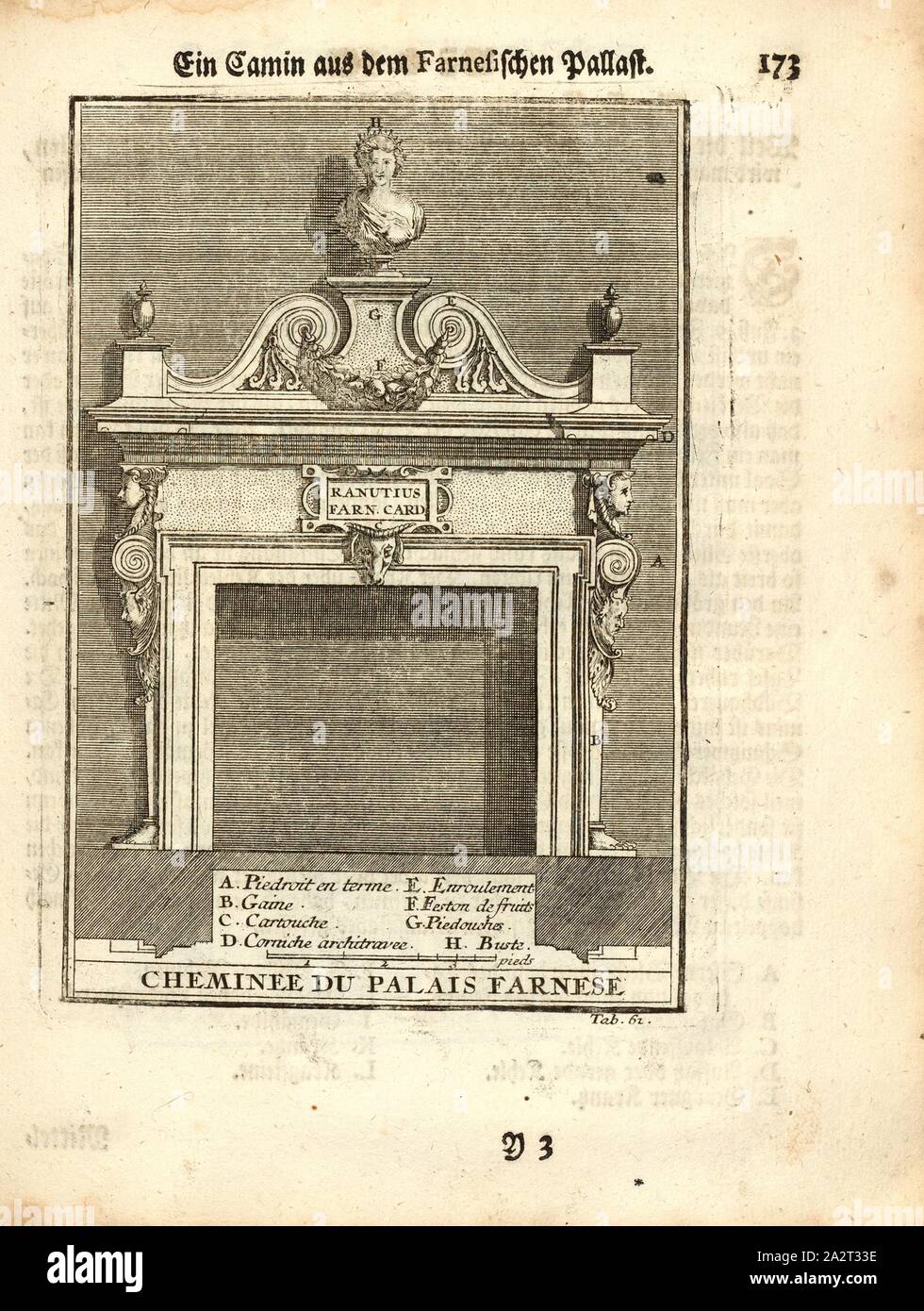 Kamin des Palazzo Farnese, Kamin im Palazzo Farnese in Rom, Tab. 61, S. 173, Augustin-Charles d'Aviler, Vignola, Michelangelo, Leonhard Christoph Sturm, Hertel: Ausführliche Anleitung zu der gantzen Civil-Bau-Kunst [...]. Augspurg: bey Johann Georg Hertel, 1747 Stockfoto