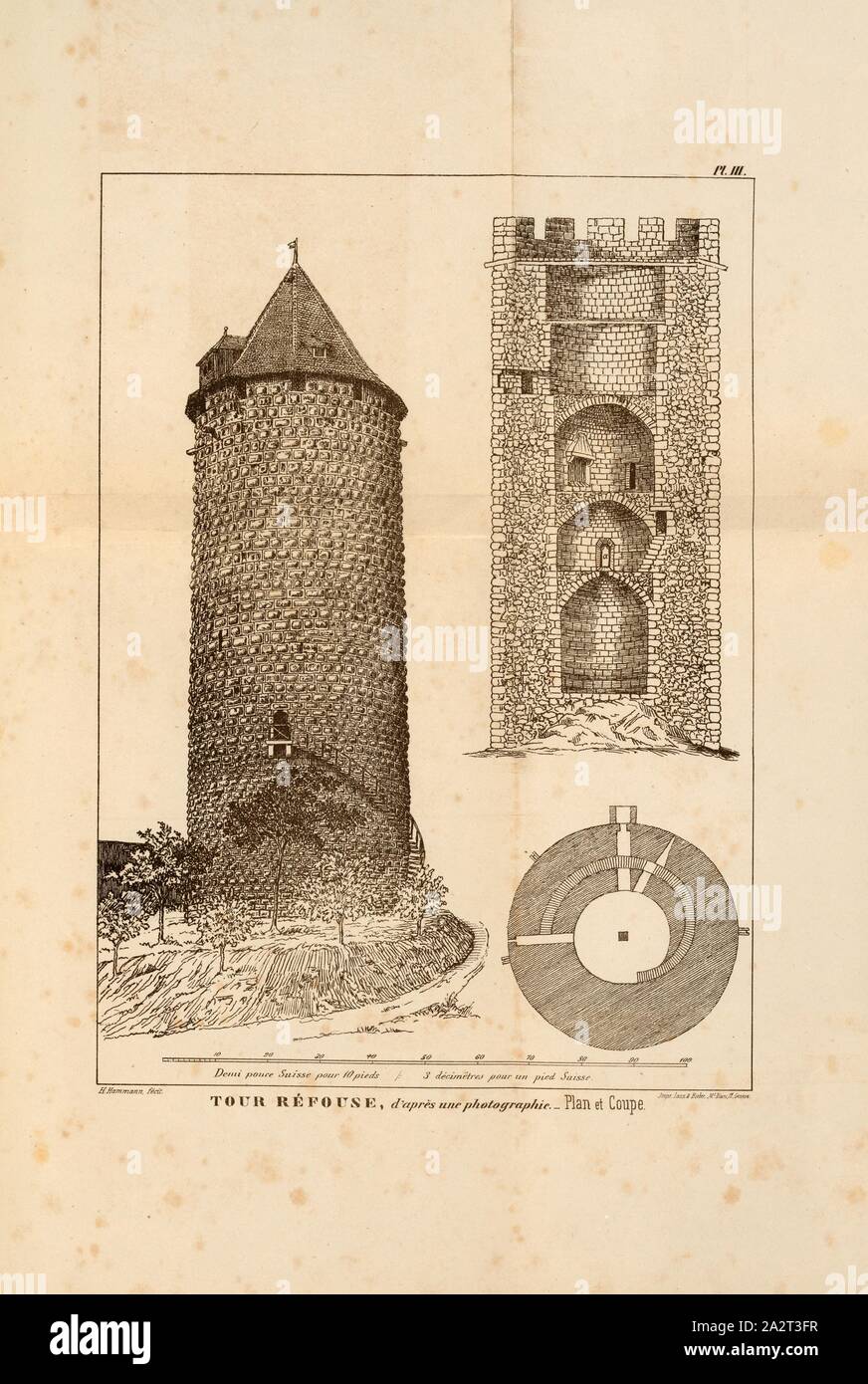 Refouse Tower, Tour Réfous auf der Burg in Porrentruy, Signiert: H. Hammann, fecit, PL. III, S. 267, Hammann, H. (FEC), Auguste Quiquerez: Monumente de la Nativité de Bâle: Ville et Château de Porrentruy. Delémont: imprimerie de J. Boéchat, 1870 Stockfoto