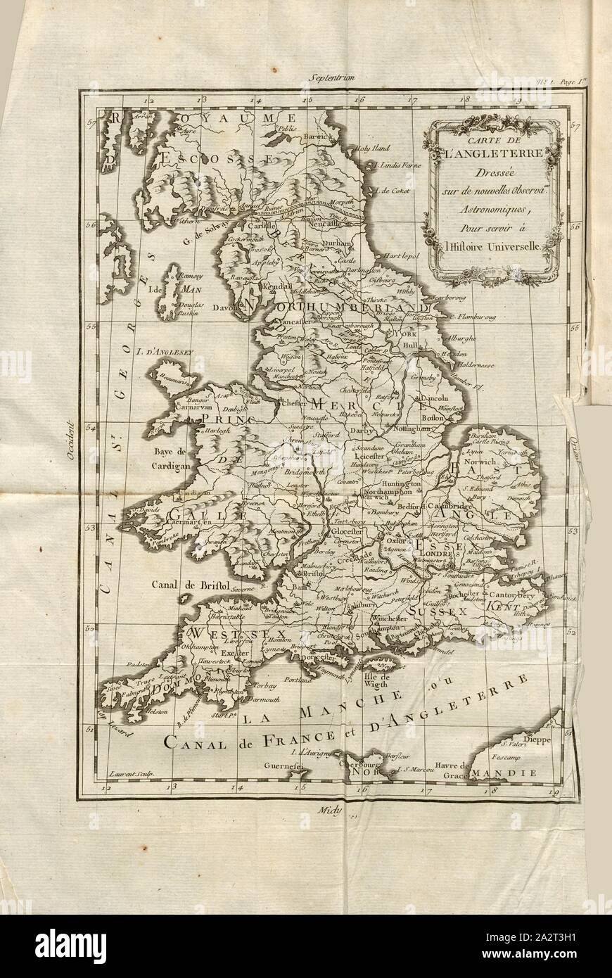 Karte von England..., Karte von England, unterzeichnet: Laurent sculp, nein. 1, S. 9, Laurent (sc.), Histoire universelle depuis le Beginn du Monde jusqu'à vorhanden, traduite de l'anglois. T. in der 45. Paris: Chez J. G. Mérigot, MDCCXCII [1792 Stockfoto