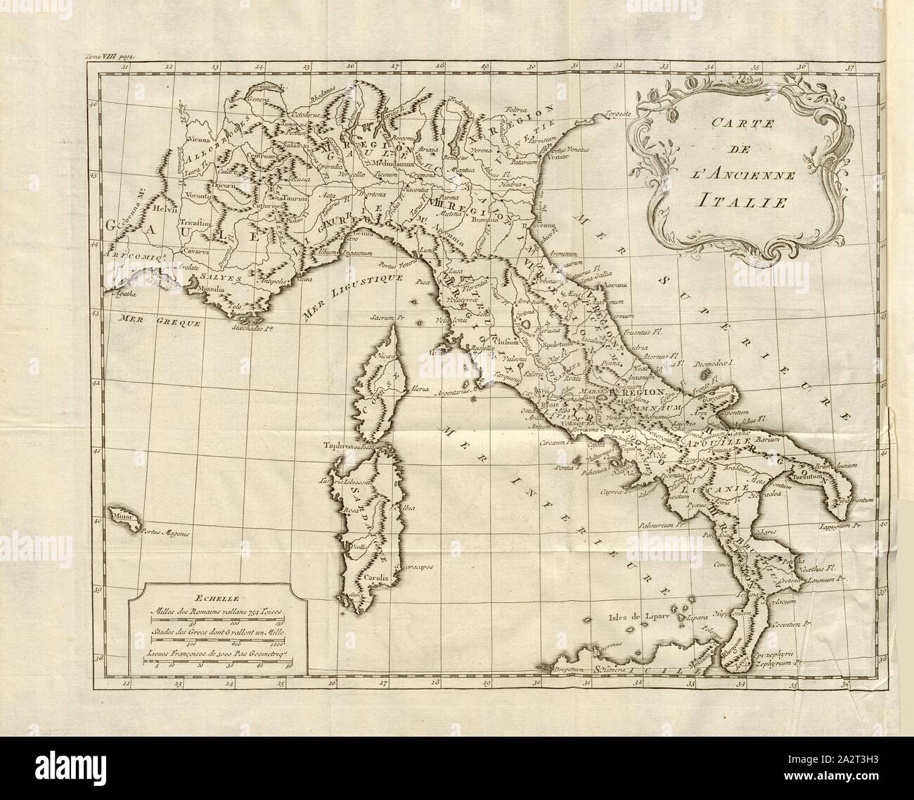 Karte des antiken Italien, Karte von Italien in den alten Zeiten, Abb. 1, Histoire universelle depuis le Beginn du Monde jusqu'à vorhanden, traduite de l'anglois. T. 8. Amsterdam; Leipzig: chez Arkstée et Merkus, MDCCLXX [1770 Stockfoto