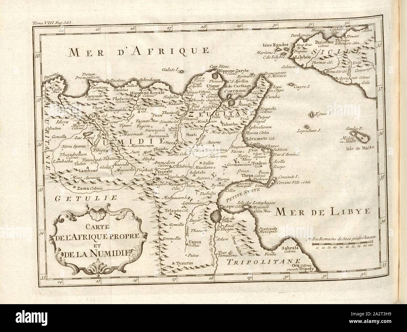 Karte von sauber Afrika und Numidia Numidia, Karte der Region in Nordafrika, Abb. 9, S. 342, Histoire universelle depuis le Beginn du Monde jusqu'à vorhanden, traduite de l'anglois. T. 8. Amsterdam; Leipzig: chez Arkstée et Merkus, MDCCLXX [1770 Stockfoto