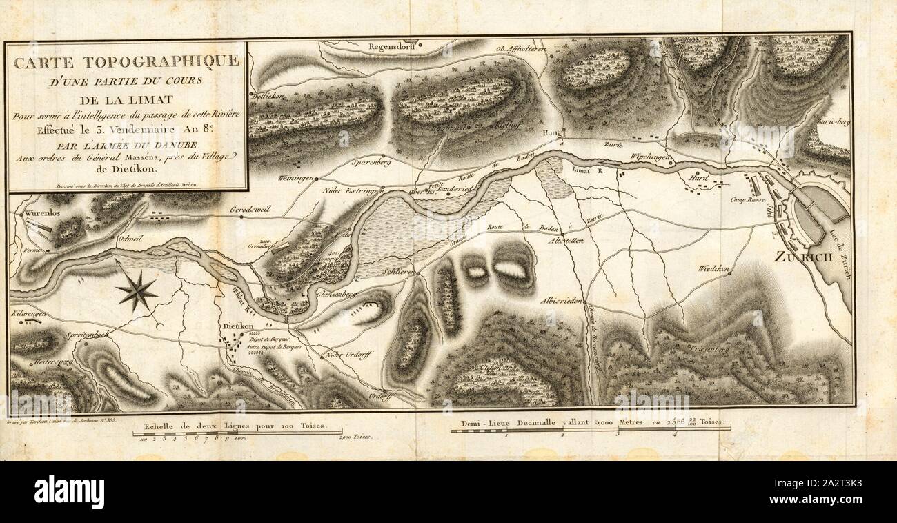 Topographische Karte der Teil der Limat, topographische Karte der Limmat in der Nähe von Zürich und Dietikon, unterzeichnet: Effectué par l'Armée du Donau; Dessiné sous la Direction du Chef de Brigade d'Artillerie Dedon; Tardieu Gravé par l'ainé, Taf. 1, S. 231, Armée du Danube (effectué), Dedon, Franc̦ois-Louis (dir); Tardieu (gravé), Franc̦ois-Louis Dedon: Beziehung détaillée du Passage de la Limat, effectué Le 3 vendémiaire 8: Suivie de Celle du Passage du Rhin, du 11 Floréal suivant, et de quelques autres Passagen de fleuve. Paris: de l'Imprimerie de Didot jeune, eine IX (1801 Stockfoto