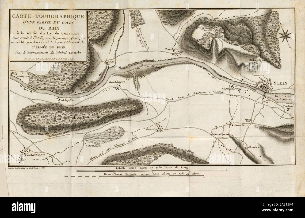Topographische Karte der Teil des Rheins Kurs an der Ausfahrt des Bodensees, topographische Karte der Rhein in der Nähe von Stein am Rhein und sogenannten "Setzi", Signiert: Effectué par l'Aile droite de l'Armée du Rhin; Dessiné sous la Direction du Chef de Brigade d'Artillerie Dedon; Tardieu Gravé par l'ainé, Taf. 2, S. 231, Armée du Rhin (effectué), Dedon, Franc̦ois-Louis (dir); Tardieu (gravé), Franc̦ois-Louis Dedon: Beziehung détaillée du Passage de la Limat, effectué Le 3 vendémiaire 8: Suivie de Celle du Passage du Rhin, du 11 Floréal suivant, et de quelques autres Passagen de fleuve. Paris: de l Stockfoto