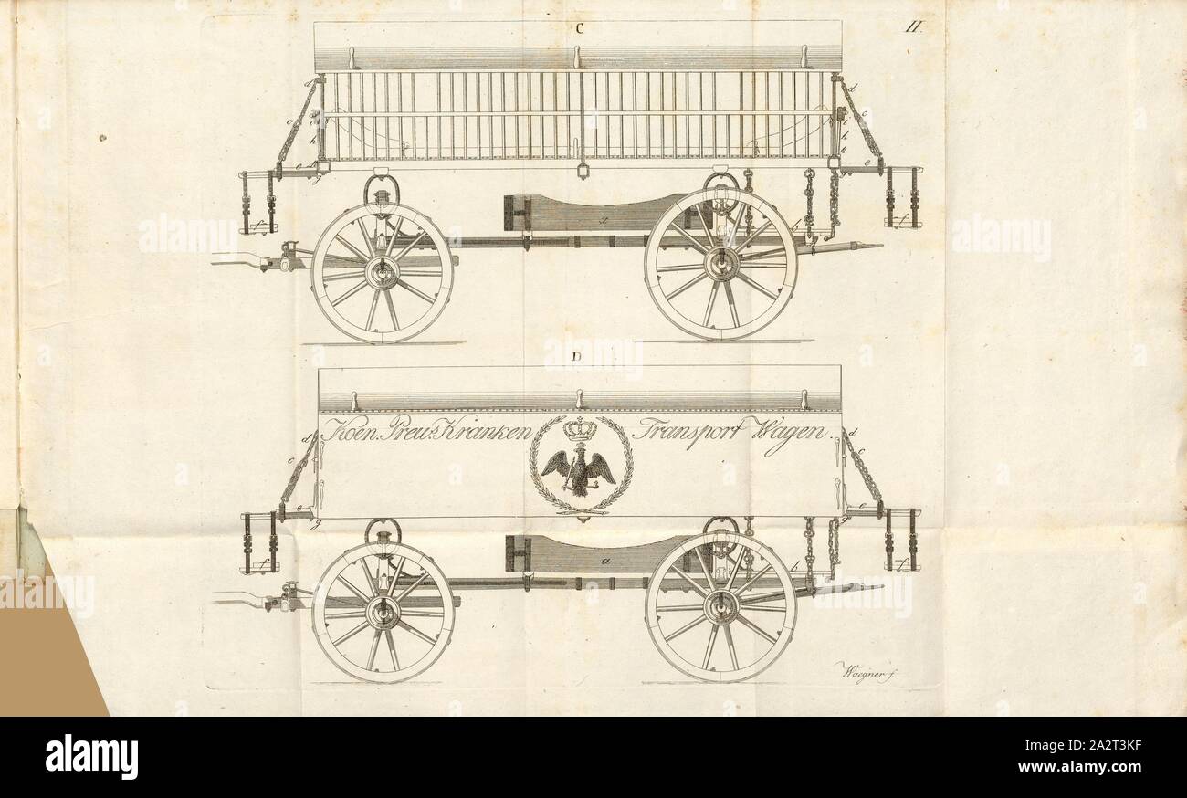Elastische Patient 2 dolly, dolly für die Kranken und Verwundeten, Platte II auf S. 32, Johann Friedrich Goercke: Kurze Beschreibung der bei der Königl. Preuss. Armée stattfindenden Kranken-Transportmittel für sterben auf dem Schlachtfelde schwer verwundeten. Berlin: In der Kommission der Nicolaischen Buchhandlung, 1814 Stockfoto