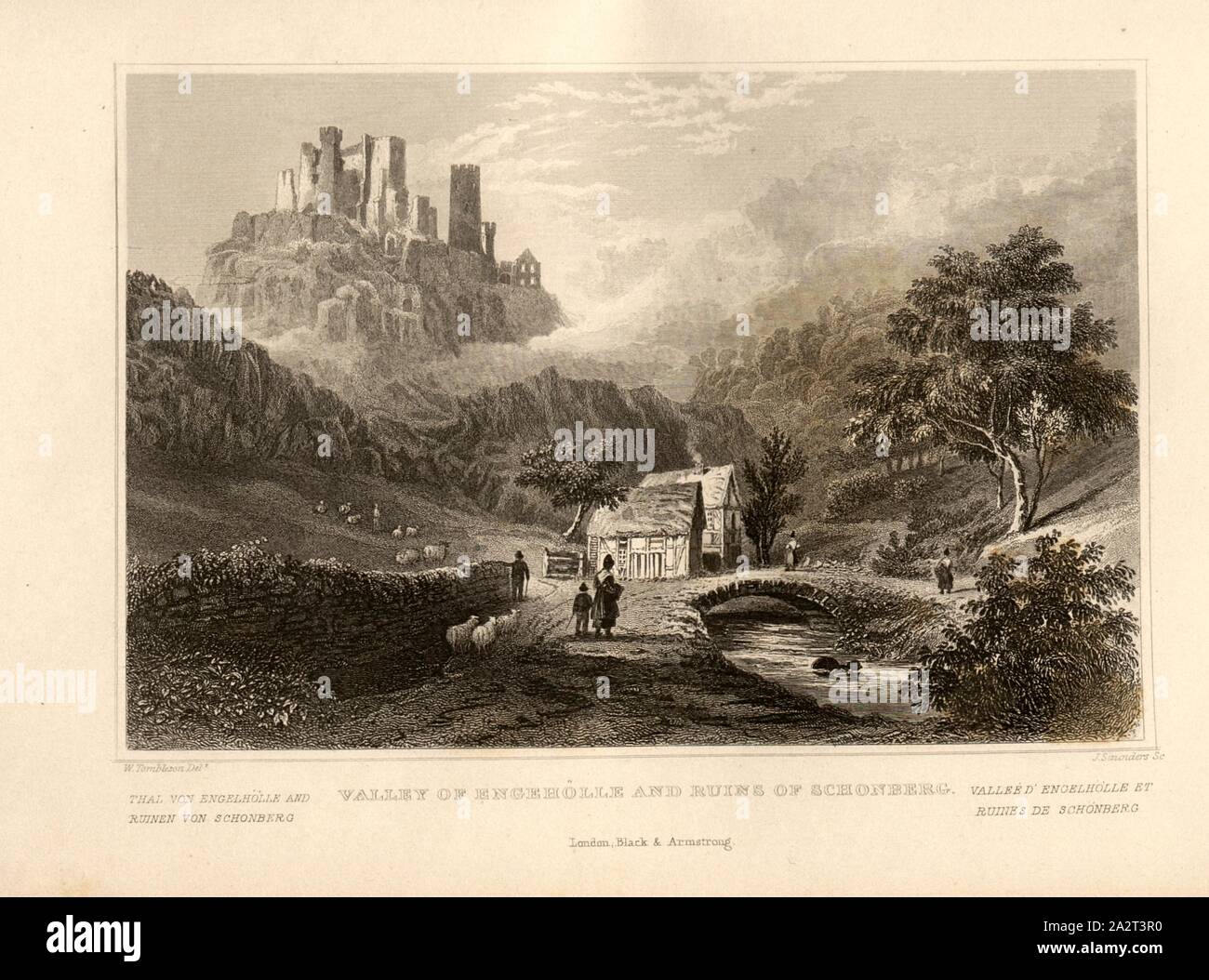 Tal von Engehölle und Ruinen von Schönberg, Engelhölltal und Ruine Schönberg, S. 145, Tombleson, W. (Del.); Saunders, J. (sc.), 1837, [s.n.], La Belgique et Nassau, ou, le touriste Continental.... Londres: chez Schwarz et Armstrong, [1837 Stockfoto