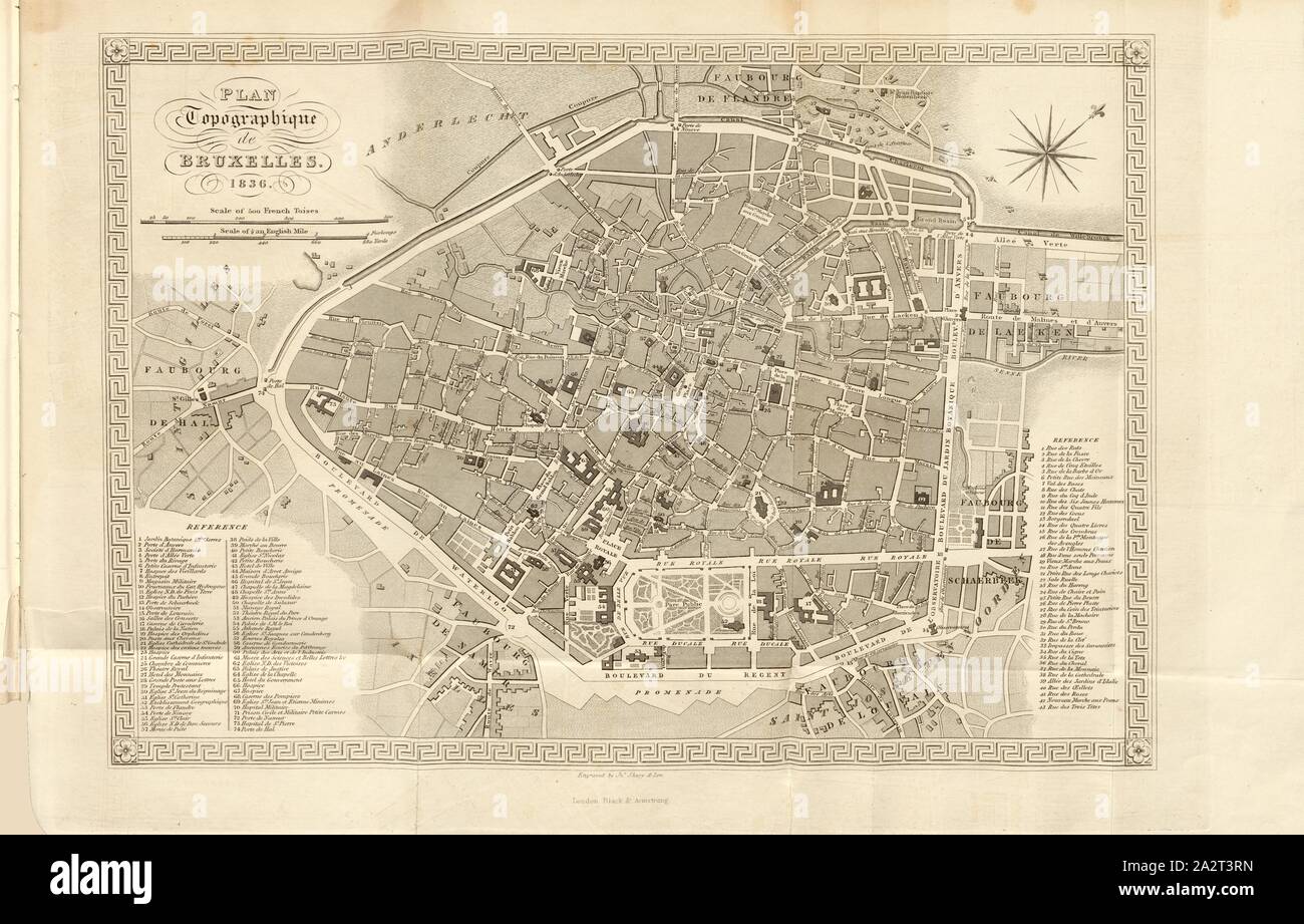 Topographische Karte von Brüssel. 1836., Stadtplan Brüssel, S. 272, Shury & Sohn (eng.), 1837, [s.n.], La Belgique et Nassau, ou, le touriste Continental.... Londres: chez Schwarz et Armstrong, [1837 Stockfoto