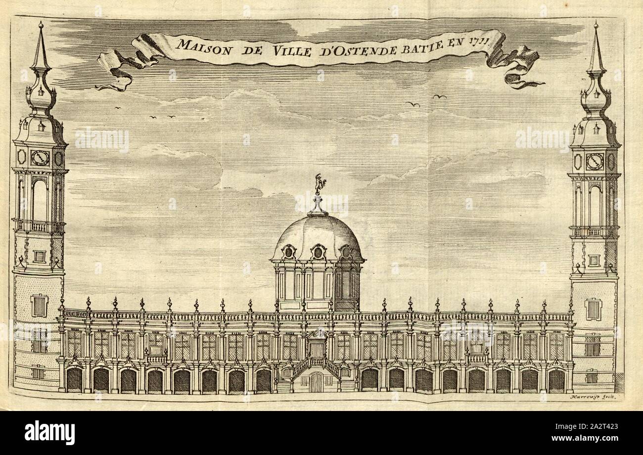 Ostende Stadthaus in 1733, Rathaus von Ostende in Belgien, unterzeichnet: Harrewyn fecit, Taf. 5, S. 18, Harrewijn, Jacobus (FEC), [Jean-Baptiste Christyn]: Les Délices de Pays-Bas ou Beschreibung géographique et Historique des XVII Provinzen belgiques. Bd. 1, Bl. 3. Lüttich: Chez J. F. Bassompierre, Père, MDCCLXIX Stockfoto