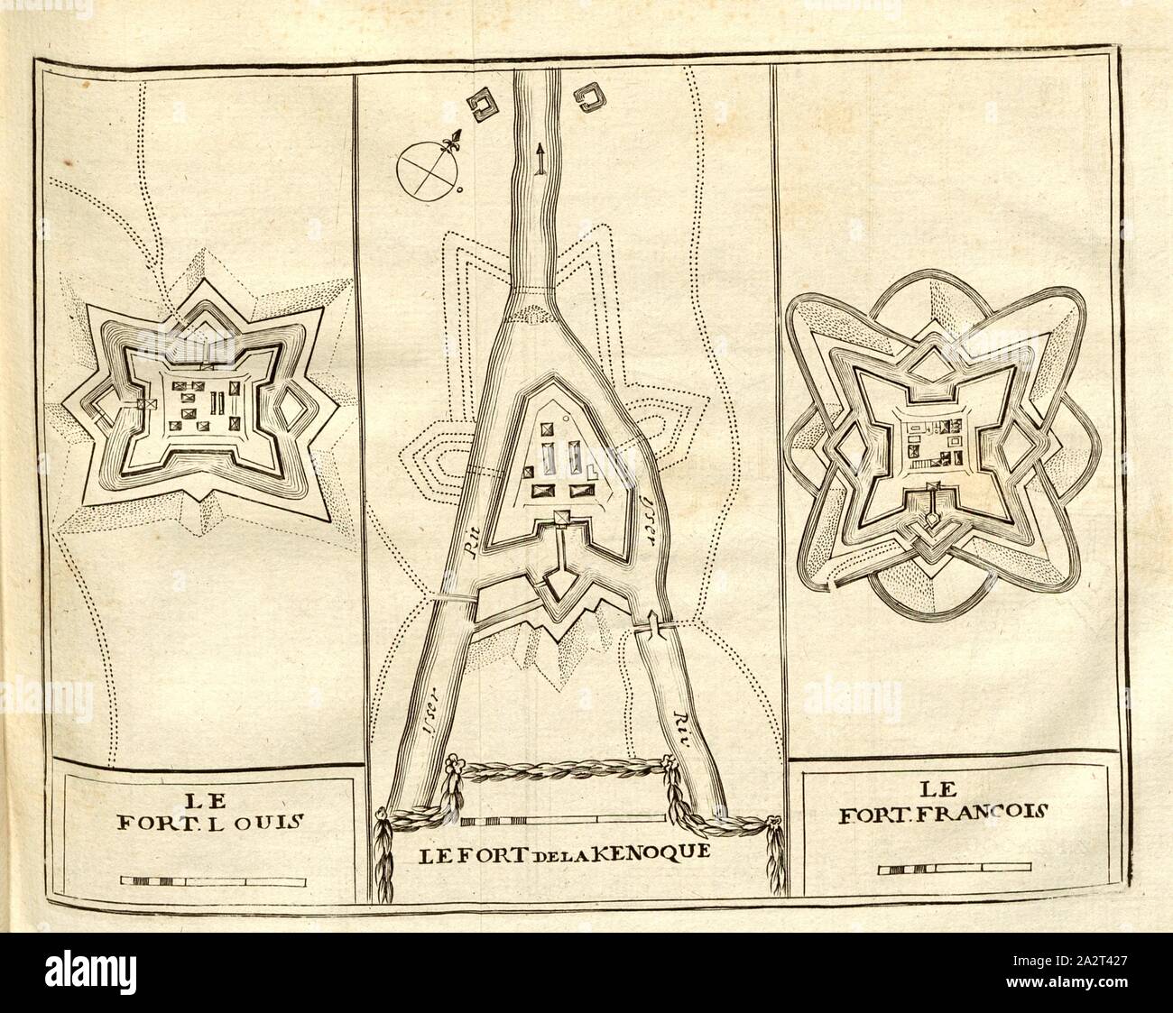 Fort Louis, Fort und Fort Kenoque Francois, Planen von Fort Louis und Fort Francais in Frankreich, Fort de la Knocque in Belgien, Taf. 9, S. 60, [Jean-Baptiste Christyn]: Les Délices de Pays-Bas ou Beschreibung géographique et Historique des XVII Provinzen belgiques. Bd. 1, Bl. 3. Lüttich: Chez J. F. Bassompierre, Père, MDCCLXIX Stockfoto