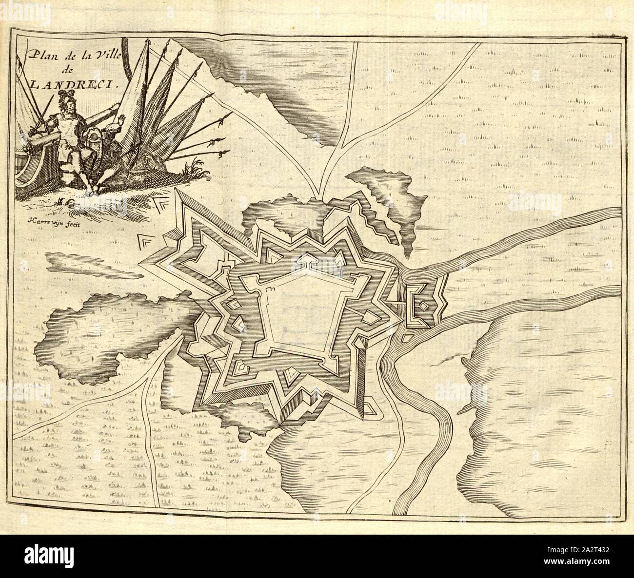 Karte der Stadt Landreci, Plan der Stadt von Landrecies in Frankreich, unterzeichnet: Harrewyn fecit, Taf. 31, S. 284, Harrewijn, Jacobus (FEC), [Jean-Baptiste Christyn]: Les Délices de Pays-Bas ou Beschreibung géographique et Historique des XVII Provinzen belgiques. Bd. 1, Bl. 3. Lüttich: Chez J. F. Bassompierre, Père, MDCCLXIX Stockfoto