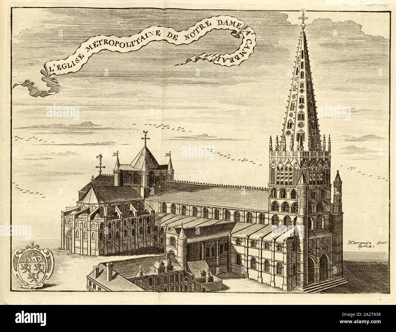 Die Metropolitan Kirche Notre Dame in Cambrai, ehemalige Kathedrale von Cambrai in Frankreich, unterzeichnet: Harrewyn fecit, Taf. 37, S. 348, Harrewijn, Jacobus (FEC), [Jean-Baptiste Christyn]: Les Délices de Pays-Bas ou Beschreibung géographique et Historique des XVII Provinzen belgiques. Bd. 1, Bl. 3. Lüttich: Chez J. F. Bassompierre, Père, MDCCLXIX Stockfoto