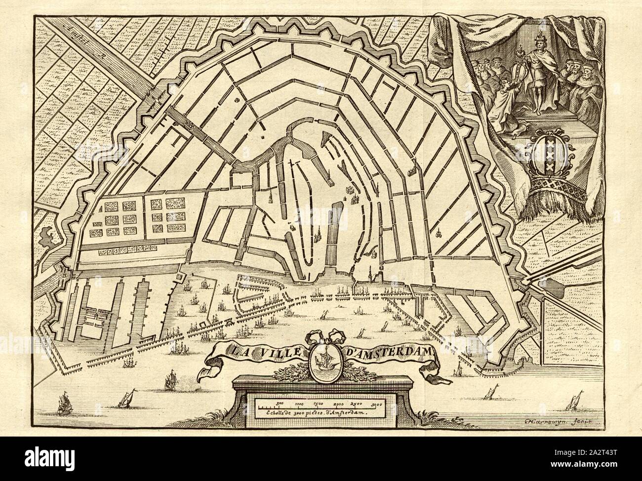 Die Stadt Amsterdam, Karte von Amsterdam, unterzeichnet: Harrewyn fecit, S. 361, Harrewijn, Jacobus (fecit), 1727, [Jean-Baptiste Christyn]: Les Délices de Pays-Bas ou Beschreibung géographique et Historique des XVII Provinzen belgiques. Vol. 4. Lüttich: Chez J. F. Bassompierre, Père, MDCCLXIX [1769 Stockfoto