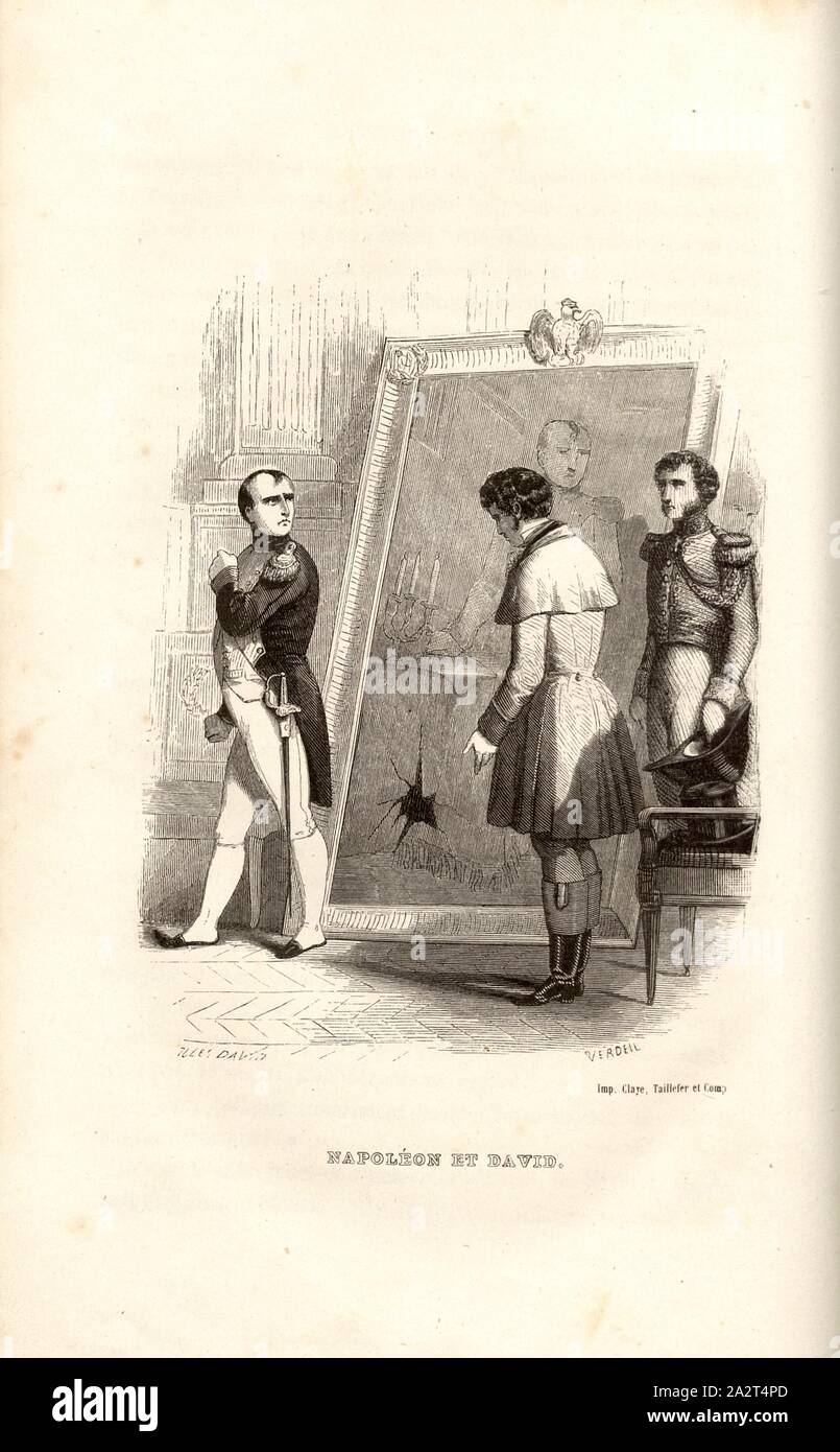 Napoleon und David, Jacques-Louis David und Napoleon Bonaparte, unterzeichnet: Jules David; Verdeil, Abb. 4, S. 132, David, Jules; Verdeil, Pierre, Emile Marco de Saint-Hilaire: Souvenirs intimes du temps de l'Empire. Bd. 1, Bl. 1. Paris: Jules Fellens, 1851-1855 Stockfoto