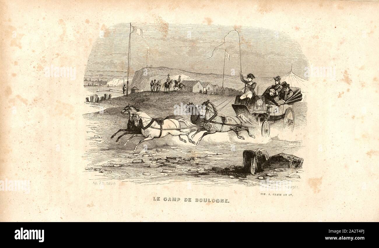 Das camp von Boulogne, Napoleon Bonaparte im Lager von Boulogne, unterzeichnet: Jules David; Verdeil, Abb. 9 nach S.302, David, Jules; Verdeil, Pierre, Emile Marco de Saint-Hilaire: Souvenirs intimes du temps de l'Empire. Bd. 1, Bl. 1. Paris: Jules Fellens, 1851-1855 Stockfoto