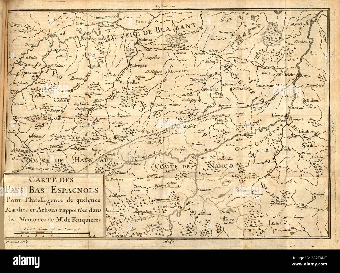 Karten der spanischen Niederlande, Karte der spanischen Niederlande, unterzeichnet: Dheulland sculp, Abb. 1, S. 278, Dheulland (Sc), Antoine de Pas Feuquières: Mémoires de M. le Marquis de Feuquiere [...] contenans ses maximes sur la guerre,&l'application des Beispiele aux maximes. Londres: Chez Pierre Dunoyer Paris: chez Rollin fils, 1737 Stockfoto