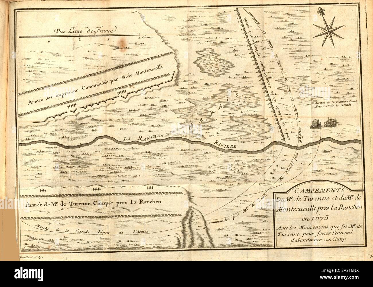 Lager von Herrn de Turenne und Herr de Montecuculli in der Nähe der Ranchen 1675, Armee Aufstellung von Henri de La Tour d'Auvergne, Vicomte de Turenne und Raimondo Graf Montecuccoli in der Nähe von Renchen, unterzeichnet: Dheulland sculp, Abb. 3, S. 334, Dheulland (Sc), Antoine de Pas Feuquières: Mémoires de M. le Marquis de Feuquiere [...] contenans ses maximes sur la guerre,&l'application des Beispiele aux maximes. Londres: Chez Pierre Dunoyer Paris: chez Rollin fils, 1737 Stockfoto
