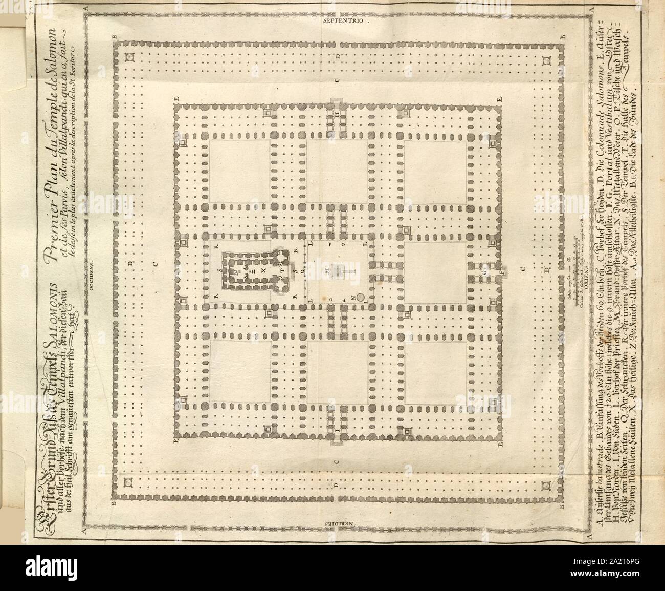 Ersten Grundriss des Tempels Salomonis..., Grundriss der Tempel Solomos aus dem 18. Jahrhundert, TA., I, S. 19, Johann Bernhard Fischer von Erlach: Entwurff einer historischen Architectur, siehe Abb. unterschiedener berühmten Töpfermarkt, des Alterthums, und fremder Völcker, umb aus den Geschichtbüchern, Gedächtnüsz-Müntzen, Ruinen, und eingeholten wahrhafften Abriszen, vor Augen zu stellen [...]. Erstes Buch. Wien, 1721 Stockfoto