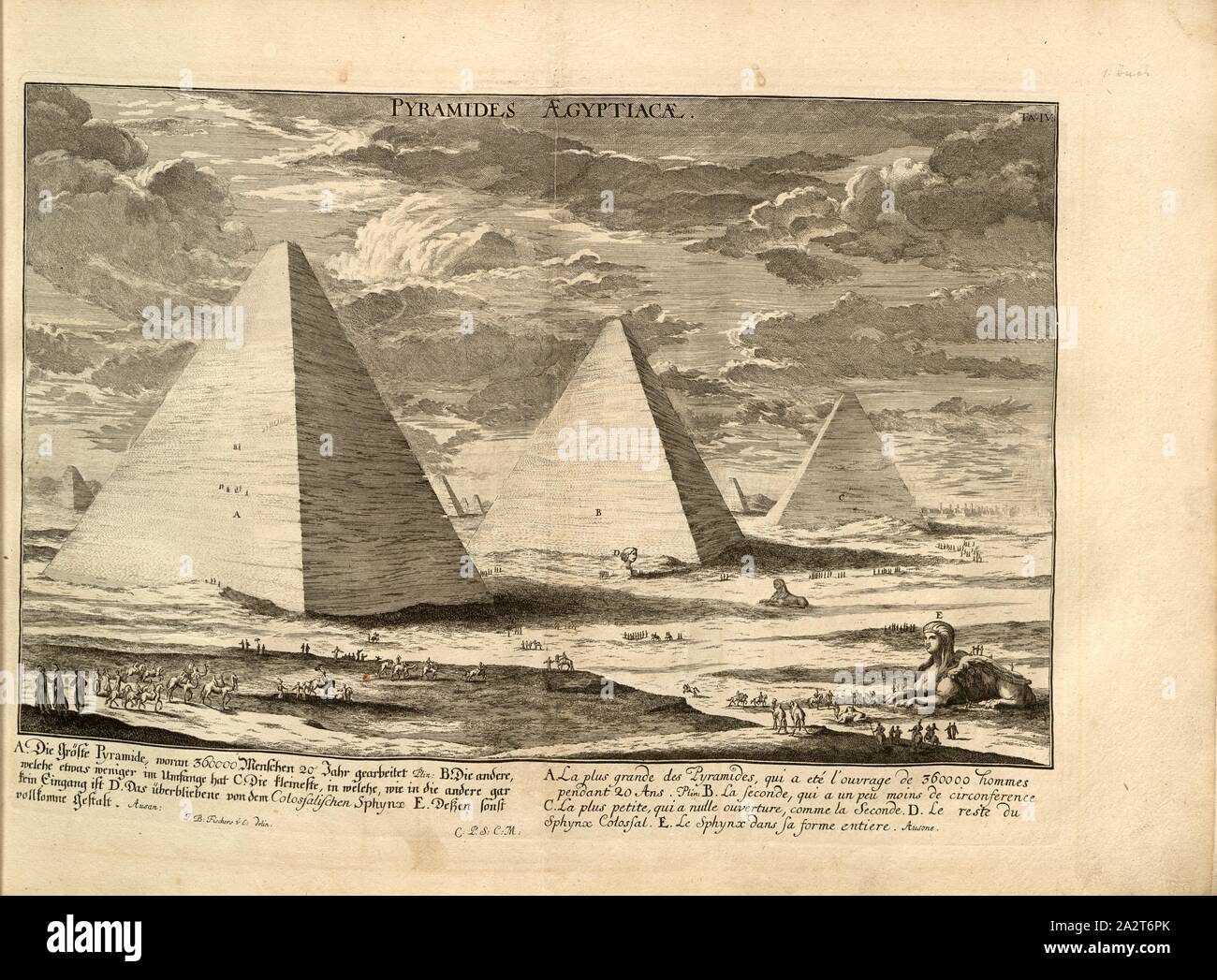 Die Pyramiden in Ägypten, Illustration der zweiten Wunder der Welt, die Pyramiden von Gizeh, aus dem 18. Jahrhundert, unterzeichnet: J. B. Fischers v. Chr., E.Delin, TA., IV, S. 33, Fischer von Erlach, Johann Bernhard (Del.), Johann Bernhard Fischer von Erlach: Entwurff einer historischen Architectur, siehe Abb. unterschiedener berühmten Töpfermarkt, des Alterthums, und fremder Völcker, umb aus den Geschichtbüchern, Gedächtnüsz-Müntzen, Ruinen, und eingeholten wahrhafften Abriszen, vor Augen zu stellen [...]. Erstes Buch. Wien, 1721 Stockfoto