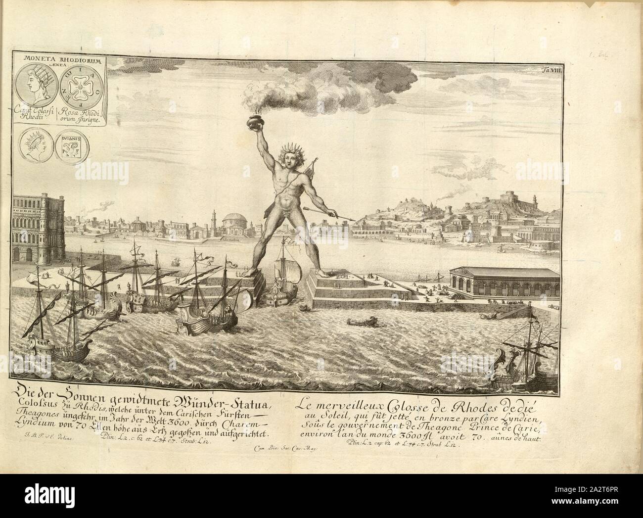 Die wunder-statua Koloss zu sonnen..., Illustration der 6 Wunder der Welt, der Koloss von Rhodos, aus dem 18. Jahrhundert, unterzeichnet: J. F. v. Chr., E.deline, TA., VIII, S. 49, Fischer von Erlach, Johann Bernhard (Del.), Johann Bernhard Fischer von Erlach: Entwurff einer historischen Architectur, siehe Abb. unterschiedener berühmten Töpfermarkt, des Alterthums, und fremder Völcker, umb aus den Geschichtbüchern, Gedächtnüsz-Müntzen, Ruinen, und eingeholten wahrhafften Abriszen, vor Augen zu stellen [...]. Erstes Buch. Wien, 1721 Stockfoto