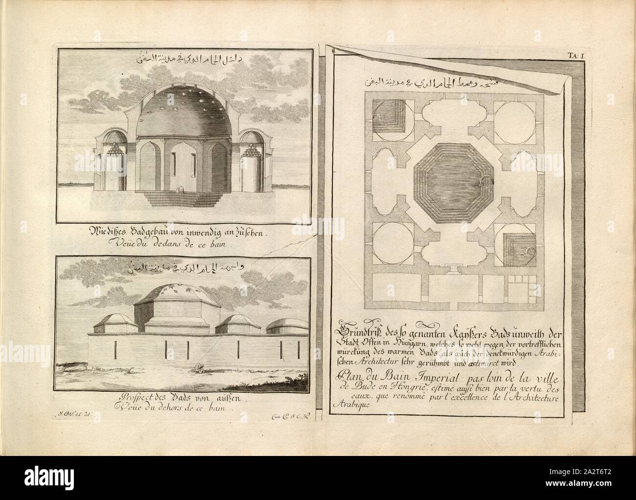 Grundriss der sogenannten Kayser Bäder in der Nähe der Stadt Offen in Ungarn ..., Császár-fuerd" (Imperial Bad) in der Nähe von Budapest, Ungarn unterzeichnet: J. B. E. v. Chr., E. del, TA., I, S. 136, Fischer von Erlach, Johann Bernhard (Del.), Johann Bernhard Fischer von Erlach: Entwurff einer historischen Architectur, siehe Abb. unterschiedener berühmten Töpfermarkt, des Alterthums, und fremder Völcker, umb aus den Geschichtbüchern, Gedächtnüsz-Müntzen, Ruinen, und eingeholten wahrhafften Abriszen, vor Augen zu stellen [...]. Drittes Buch. Wien, 1721 Stockfoto