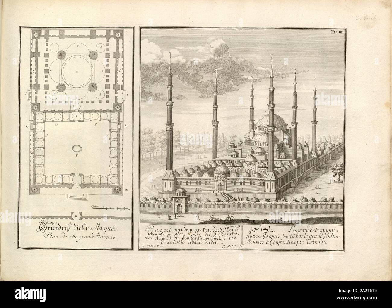 Aussicht von der großen und heiligen Tempel oder Mosquee Der große Sultan Achmed nach Konstantinopel..., Illustration und Grundriss der Moschee wurde im Jahr 1610 erbaut vom Sultan Achmed in Konstantinopel aus dem 18. Jahrhundert, unterzeichnet: J: B: F. v: E.del, TA., III, S. 140, Fischer von Erlach, Johann Bernhard (Del.), Johann Bernhard Fischer von Erlach: Entwurff einer historischen Architectur, siehe Abb. unterschiedener berühmten Töpfermarkt, des Alterthums, und fremder Völcker, umb aus den Geschichtbüchern, Gedächtnüsz-Müntzen, Ruinen, und eingeholten wahrhafften Abriszen, vor Augen zu stellen [...]. Drittes Stockfoto