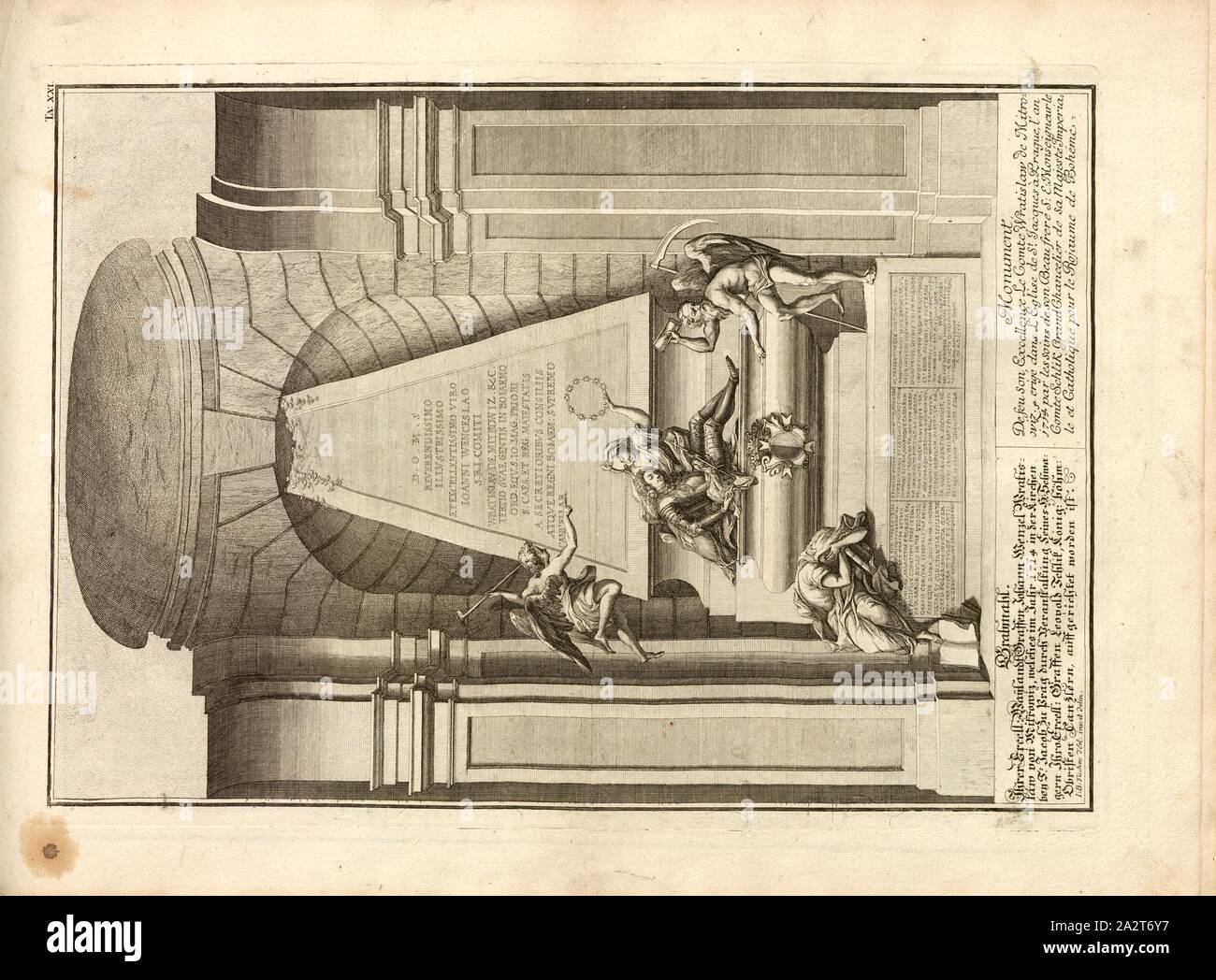 Grab..., Abbildung: das Grab des Grafen Johann Wenzel Wratislaw von Mitrowitz aus dem 19. Jahrhundert, unterzeichnet: J. B. Fischers d'Erl., Inv. et Delin, TA., XXI, S. 208, Fischer von Erlach, Johann Bernhard (Inv. et Del.), Johann Bernhard Fischer von Erlach: Entwurff einer historischen Architectur, siehe Abb. unterschiedener berühmten Töpfermarkt, des Alterthums, und fremder Völcker, umb aus den Geschichtbüchern, Gedächtnüsz-Müntzen, Ruinen, und eingeholten wahrhafften Abriszen, vor Augen zu stellen [...]. Viertes Buch. Wien, 1721 Stockfoto