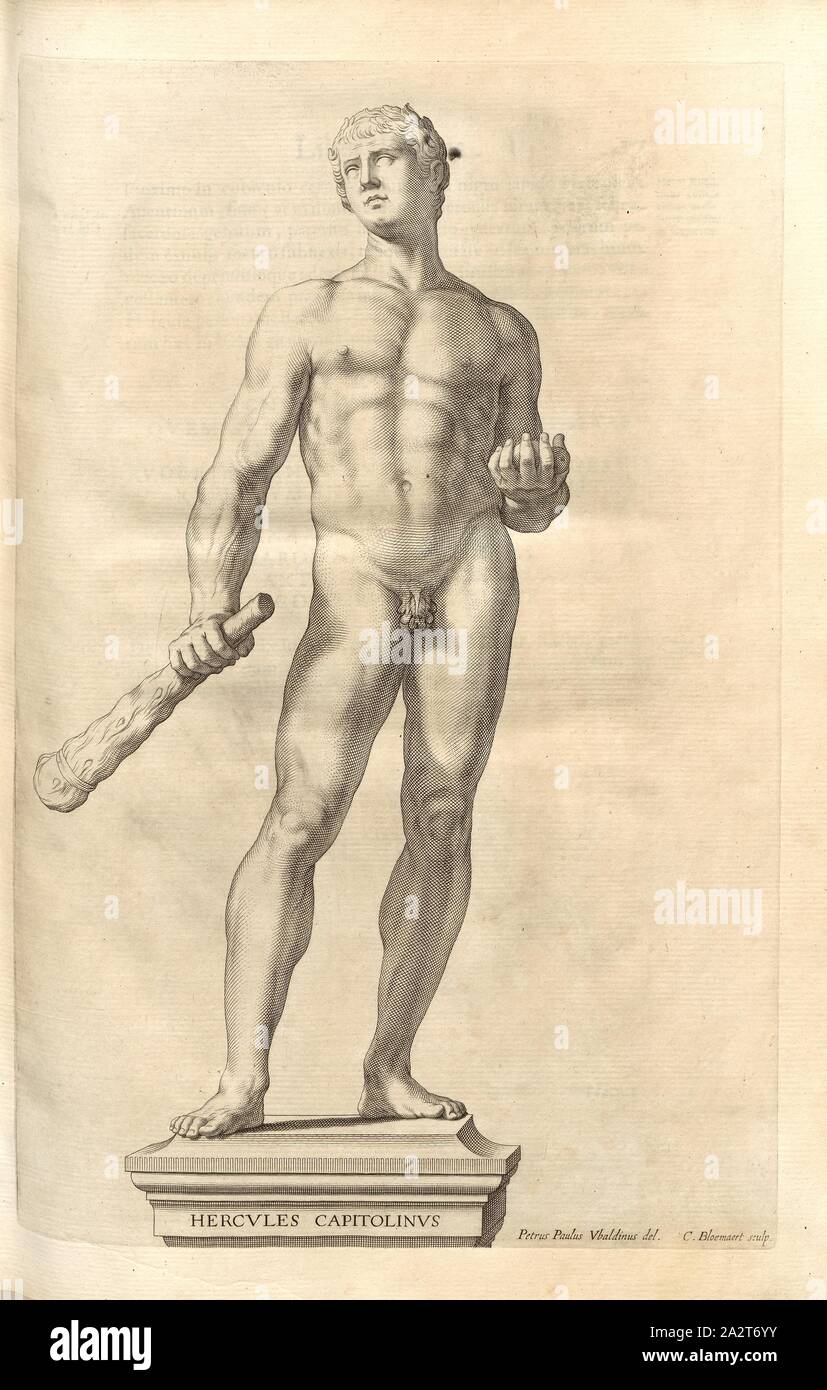 Ihr KAPITOLINISCHEN, Statue des Herakles, Signiert: Petrus Paulus Ubaldinus del, C.: BLOEMAERT, sculp, Abb. 2, S. 13, Baldini, Pietro Paolo (Del.); Bloemaert, Cornelis (sc.), 1646, Giovanni Battista Ferrari: Hesperides sive De malorum aureorum Cultura et Usu libri quatuor. Romae: sumptibus Hermanni Scheus, 1646 Stockfoto