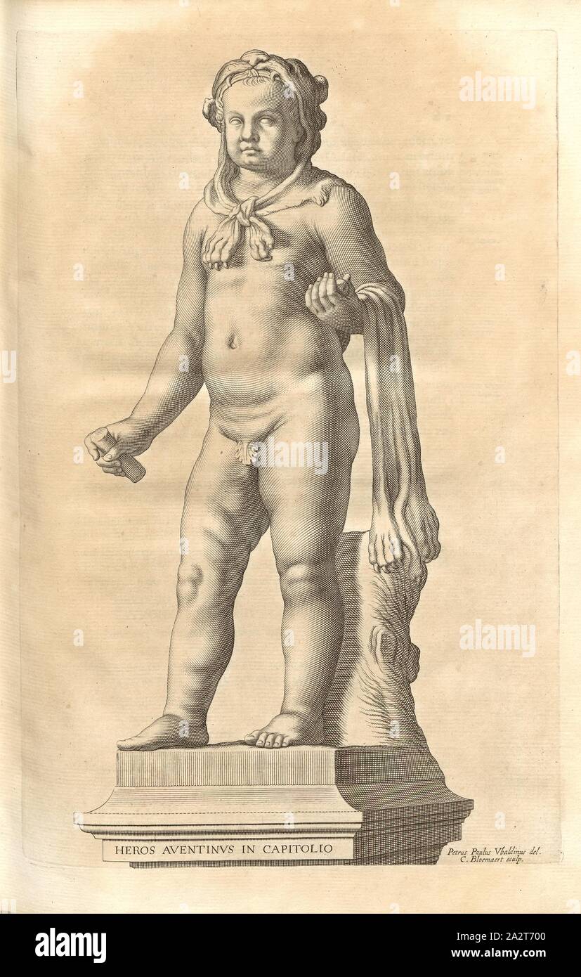 Capitol held Aventlnus, Statue des Herakles als Junge, Datum geschätzt, unterzeichnet: Petrus Paulus Ubaldinus del, C.: BLOEMAERT, sculp, Abb. 3, S. 17, Baldini, Pietro Paolo (Del.); Bloemaert, Cornelis (sc.), 1646, Giovanni Battista Ferrari: Hesperides sive De malorum aureorum Cultura et Usu libri quatuor. Romae: sumptibus Hermanni Scheus, 1646 Stockfoto