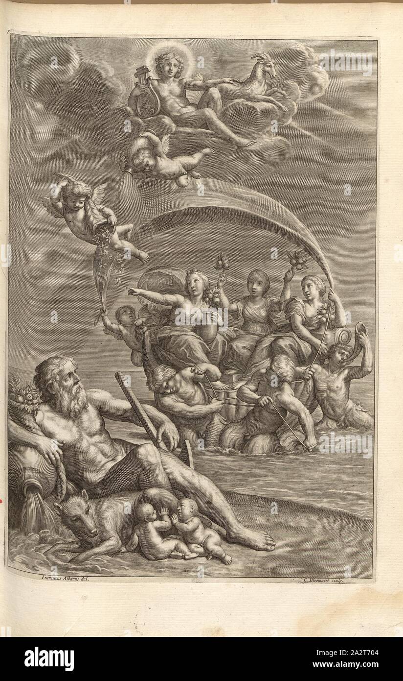 Hesperiden, Hesperiden, Wolf mit Remus und Romulus, Fluss Gott Tiber, unterzeichnet: Franciscus Albanus del, C.: BLOEMAERT, sculp, Abb. 7 nach S. 50, Albani, Francesco (Del.); Bloemaert, Cornelis (sc.), 1646, Giovanni Battista Ferrari: Hesperides sive De malorum aureorum Cultura et Usu libri quatuor. Romae: sumptibus Hermanni Scheus, 1646 Stockfoto